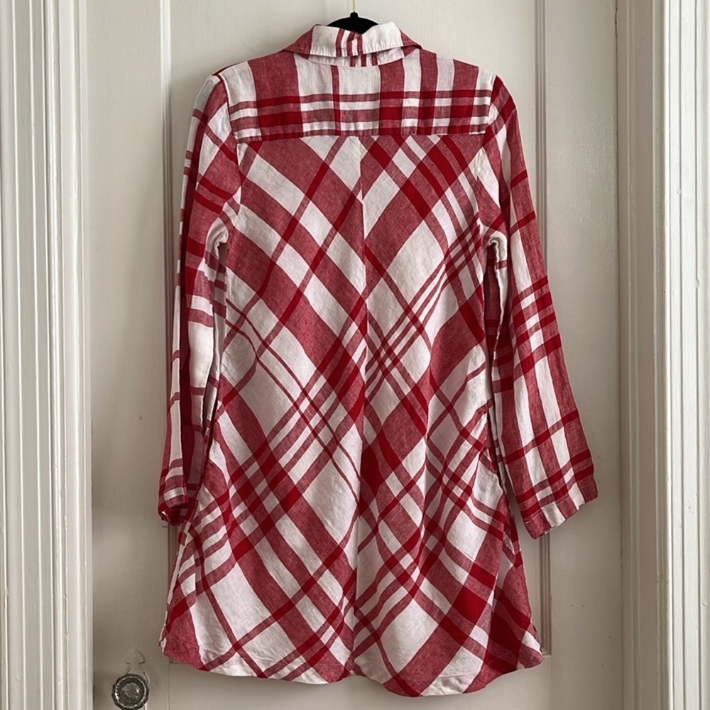 FLAX 100% Linen Red & White Checkered Shirtdress Full Button Front Dress Size P - Picture 4 of 12